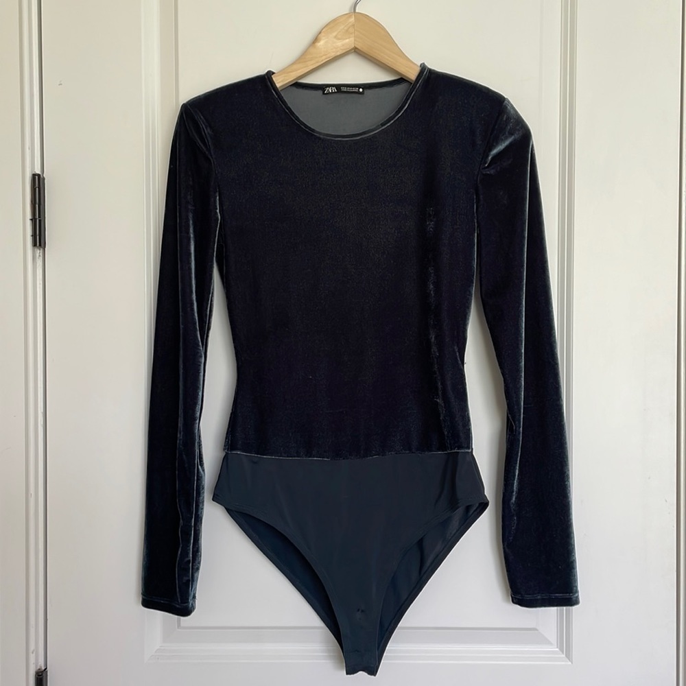 Zara Women’s Velvet Bodysuit Top Blue S